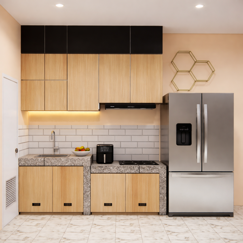 Kitchen Set Minimalis Estetik Full Ceiling Natural Ambience Blockboard Finishing HPL