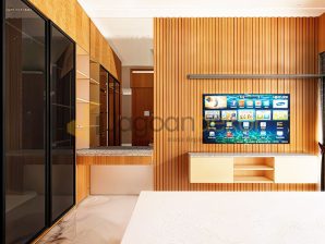 Furniture Interior Kamar Backdrop TV Kabinet Gantung Lemari Kaca Backdrop Dipan Storage Pendingin Ruangan Blockboard Finishing HPL - Ibu Savira