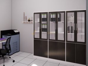 Lemari Berkas Storage Arsip Kombinasi Blockboard Finishing HPL Pintu Kaca Open Swing - Ibu Gartika