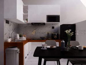 Kitchen Set Interior Furniture Area Dapur Kombinasi White and Beige Blockboard Finishing HPL - Bapak Ami